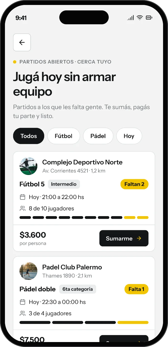 Partidos abiertos cerca en la app JugaCerca: partidos a los que les falta gente, con el precio por persona