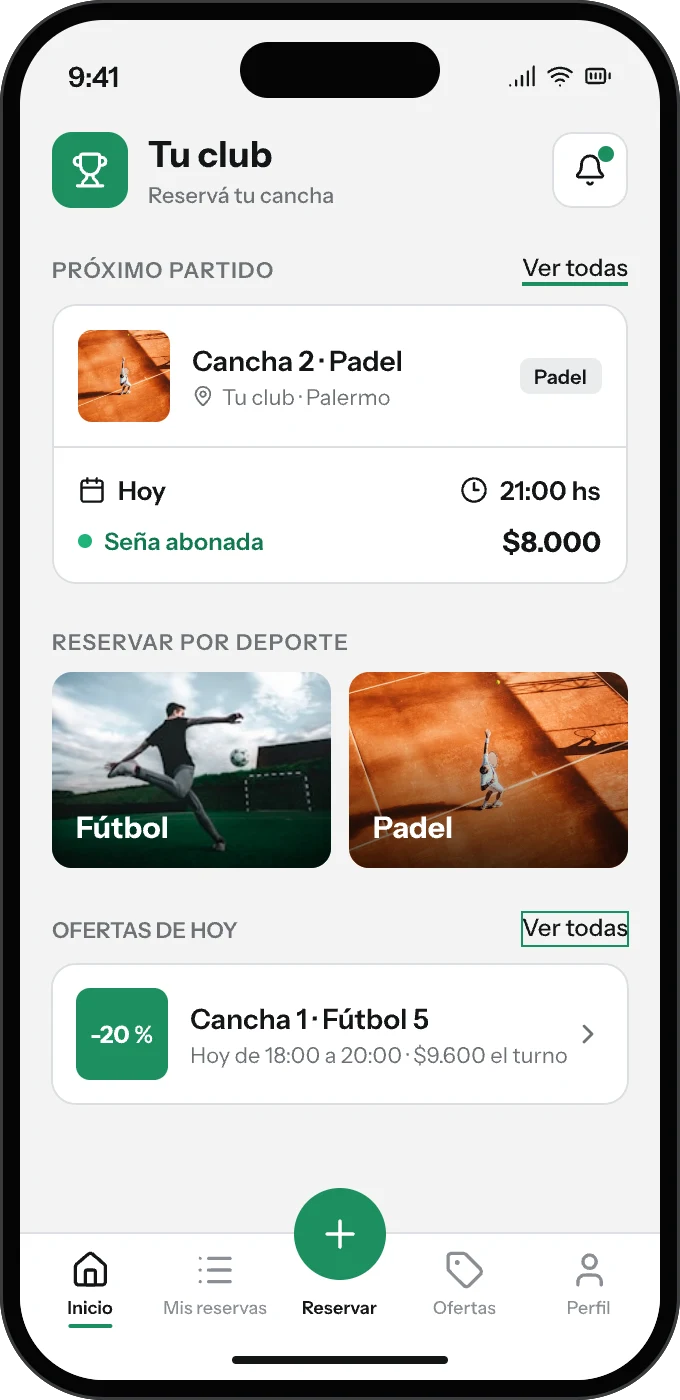 La app de jugadores con el nombre, el logo y los colores de un club: próximo partido, reservar por deporte y ofertas del día