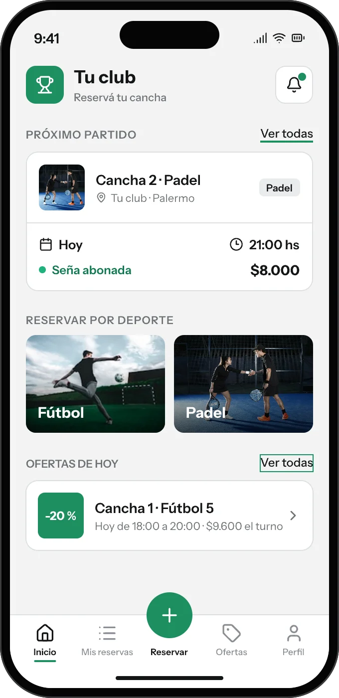 La app de jugadores con el nombre, el logo y los colores de un club: próximo partido, reservar por deporte y ofertas del día