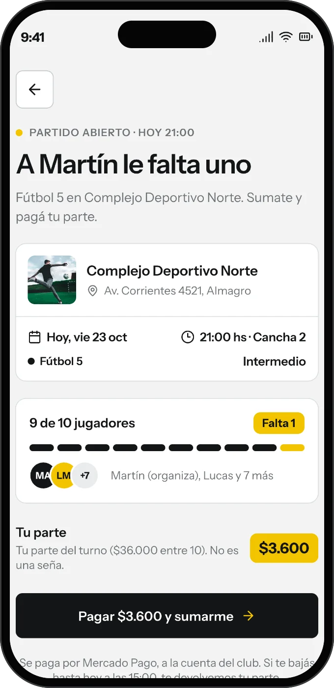Pantalla para sumarse a un partido en la app JugaCerca y pagar la parte por Mercado Pago