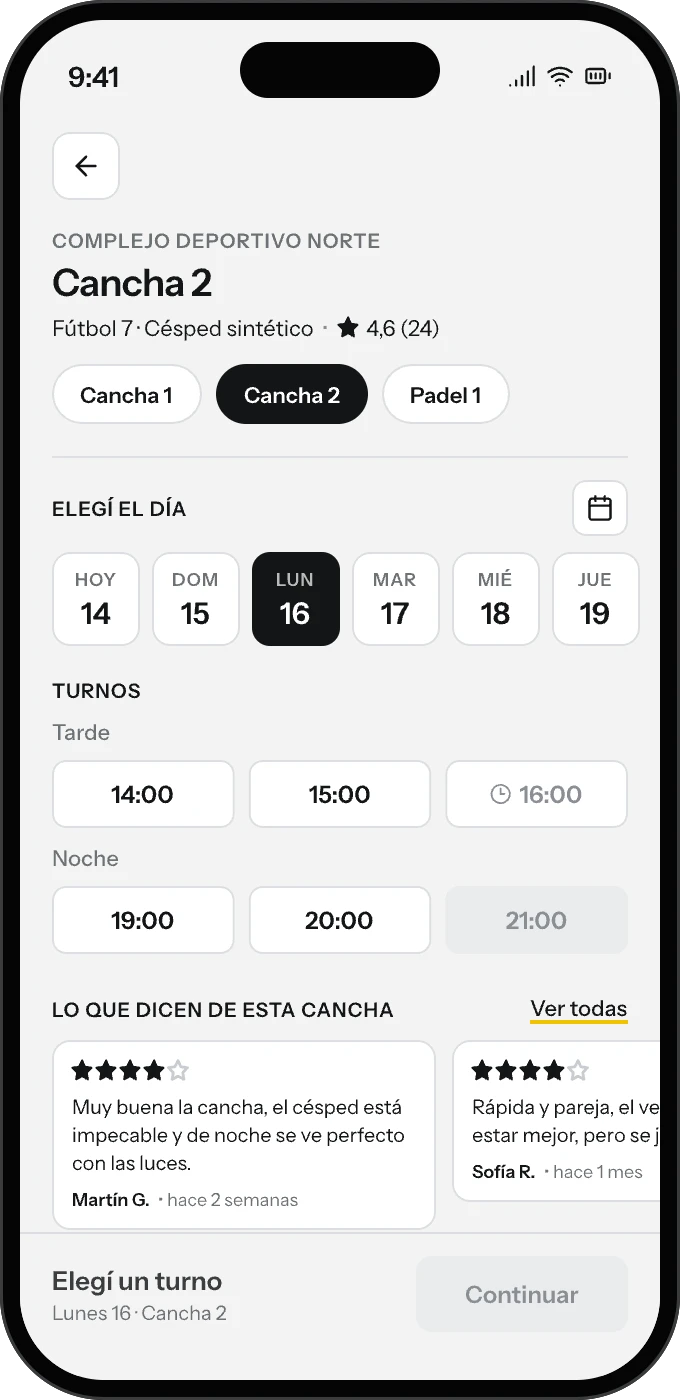 Pantalla para elegir el día y el turno de una cancha en la app JugaCerca