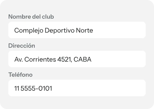 Formulario con el nombre, la dirección y el teléfono del club