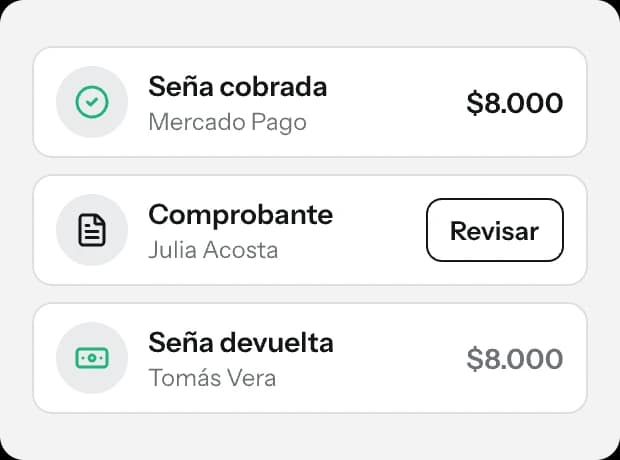 Señas cobradas por Mercado Pago, un comprobante para revisar y una seña devuelta