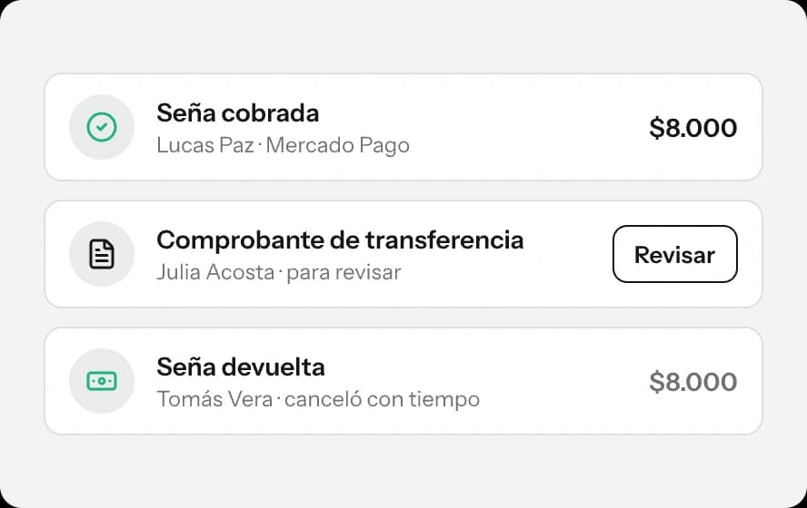 Señas cobradas por Mercado Pago, un comprobante para revisar y una seña devuelta