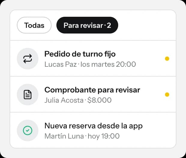 Notificaciones del panel: pedido de turno fijo, comprobante para revisar y nueva reserva desde la app