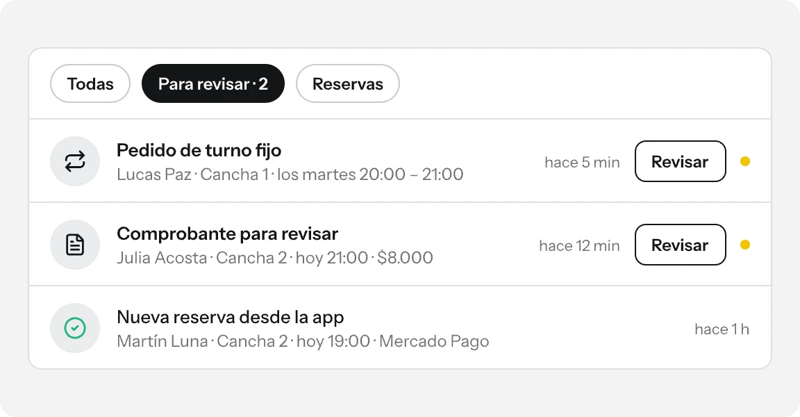 Notificaciones del panel: pedido de turno fijo, comprobante para revisar y nueva reserva desde la app