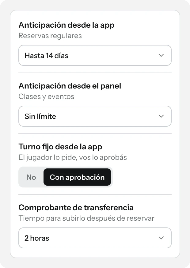 Reglas de reserva: anticipación, turno fijo desde la app con aprobación y plazo del comprobante