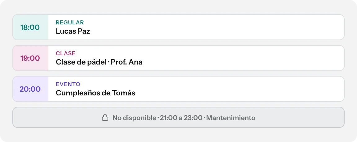 Agenda con un turno regular, una clase, un evento y un horario no disponible