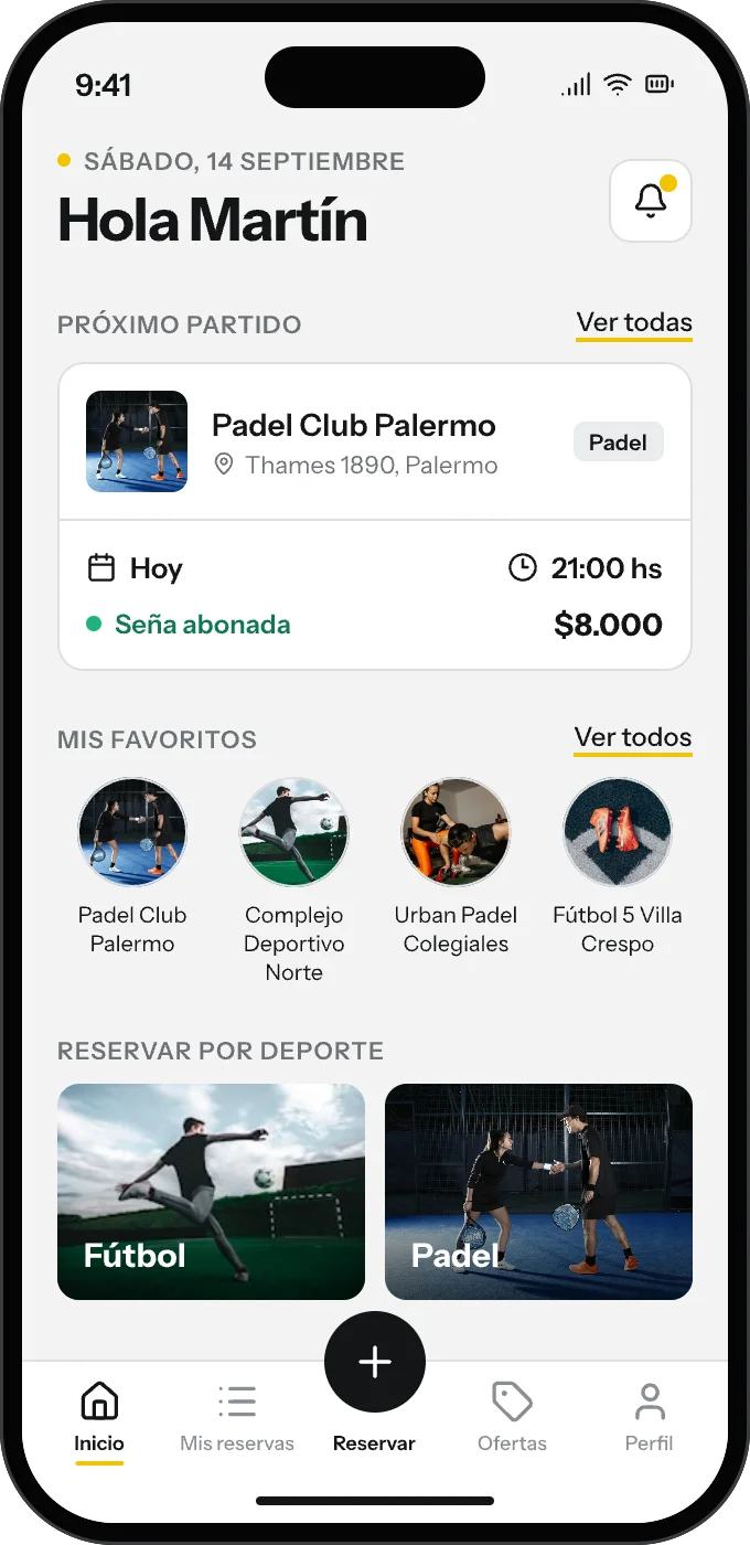 Inicio de la app JugaCerca: próximo partido, clubes favoritos y reservar por deporte