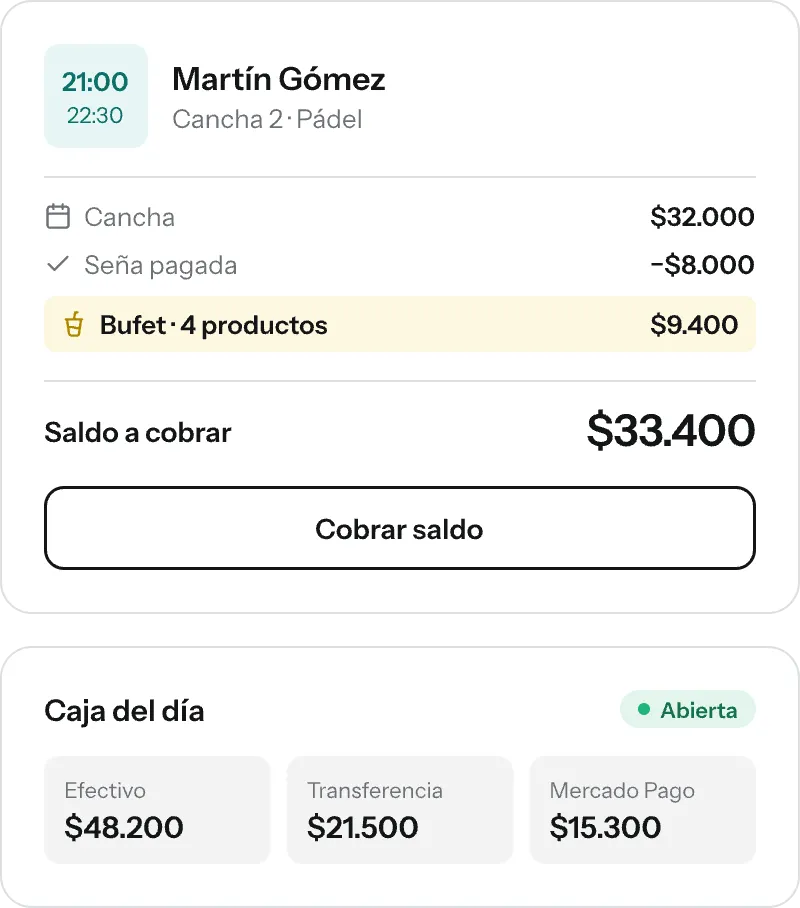 La reserva de Martín Gómez con la cancha, la seña y $9.400 del bufet: saldo a cobrar $33.400. Abajo, la caja del día por medio de pago