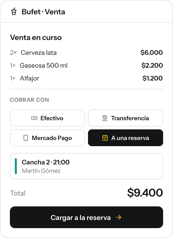 Venta del bufet en el panel: una venta de $9.400 cargada a la reserva de la Cancha 2 de las 21