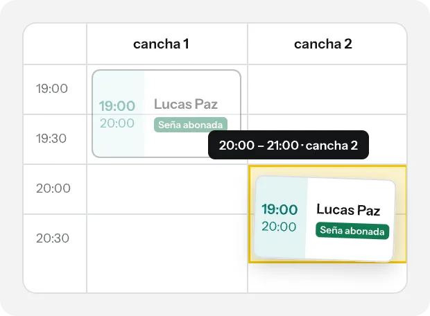 Agenda con una reserva arrastrada de la cancha 1 a las 19:00 a la cancha 2 a las 20:00